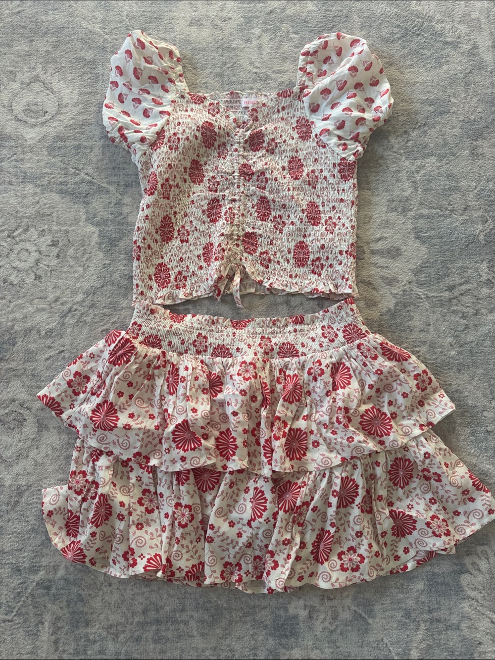 Design History Girls White and Red Floral Smocked Crop Top & Tiered Skirt Set